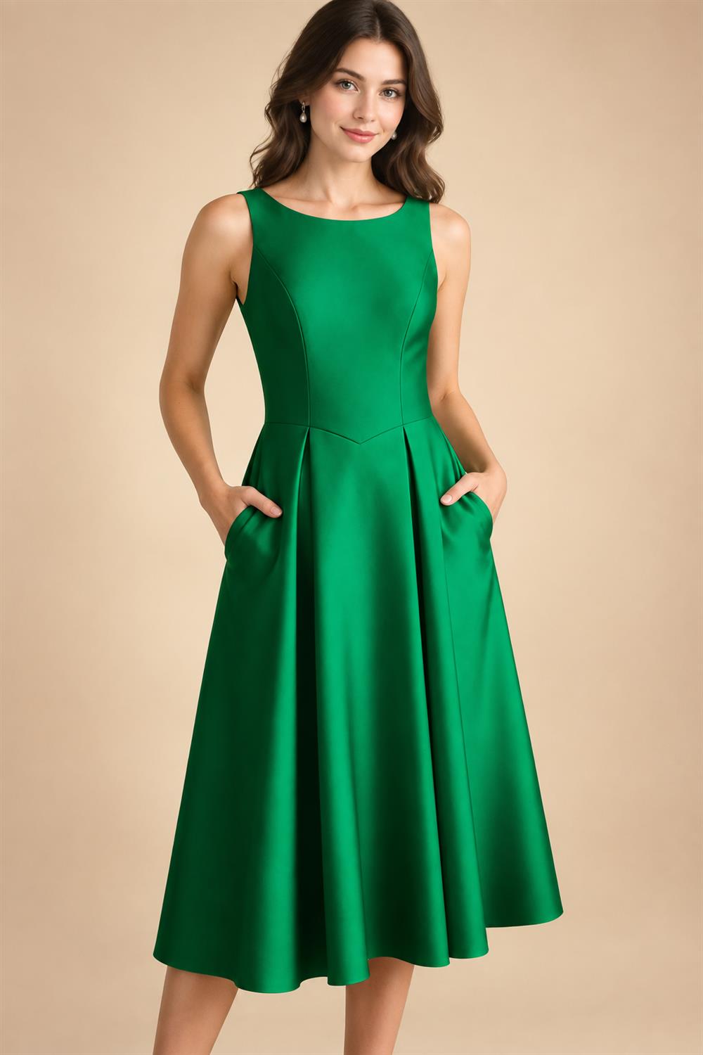A-Line/Princess Scoop Neck Satin Tea-Length Mother of the Bride Dresses with Pockets (SHI22500122)