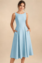 A-Line/Princess Scoop Neck Satin Tea-Length Mother of the Bride Dresses with Pockets (SHI22500122)