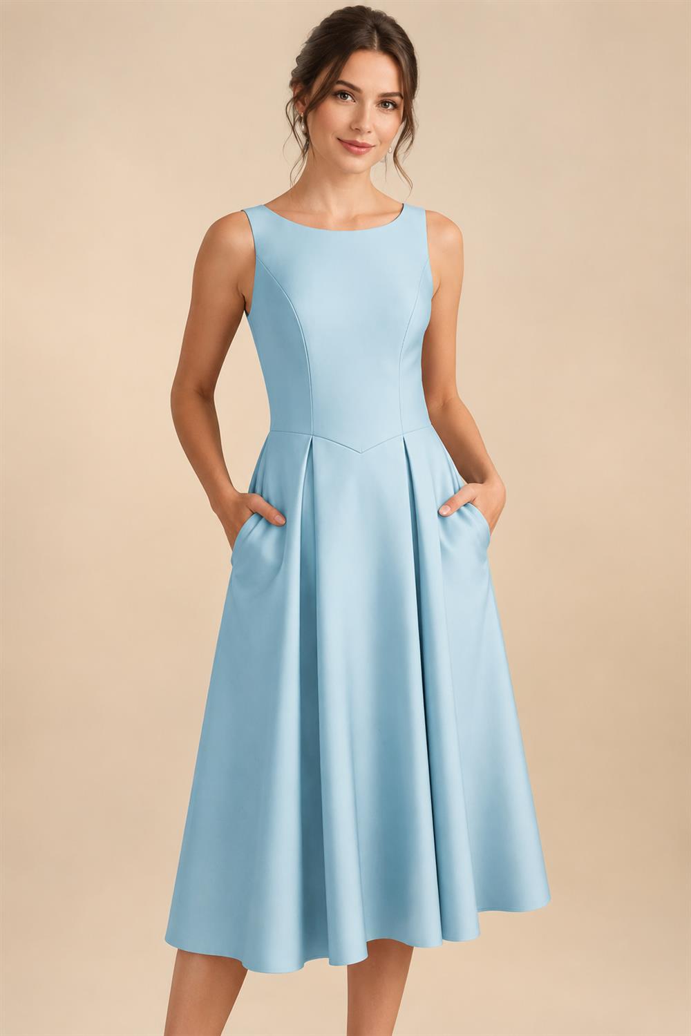 A-Line/Princess Scoop Neck Satin Tea-Length Mother of the Bride Dresses with Pockets (SHI22500122)