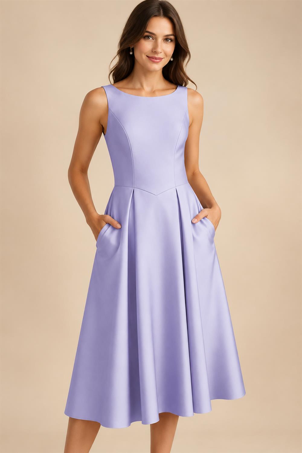 A-Line/Princess Scoop Neck Satin Tea-Length Mother of the Bride Dresses with Pockets (SHI22500122)
