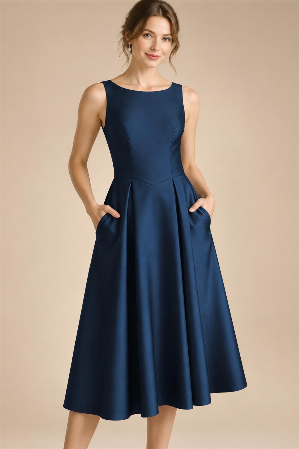 A-Line/Princess Scoop Neck Satin Tea-Length Mother of the Bride Dresses with Pockets (SHI22500122)