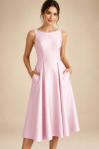 A-Line/Princess Scoop Neck Satin Tea-Length Mother of the Bride Dresses with Pockets (SHI22500122)