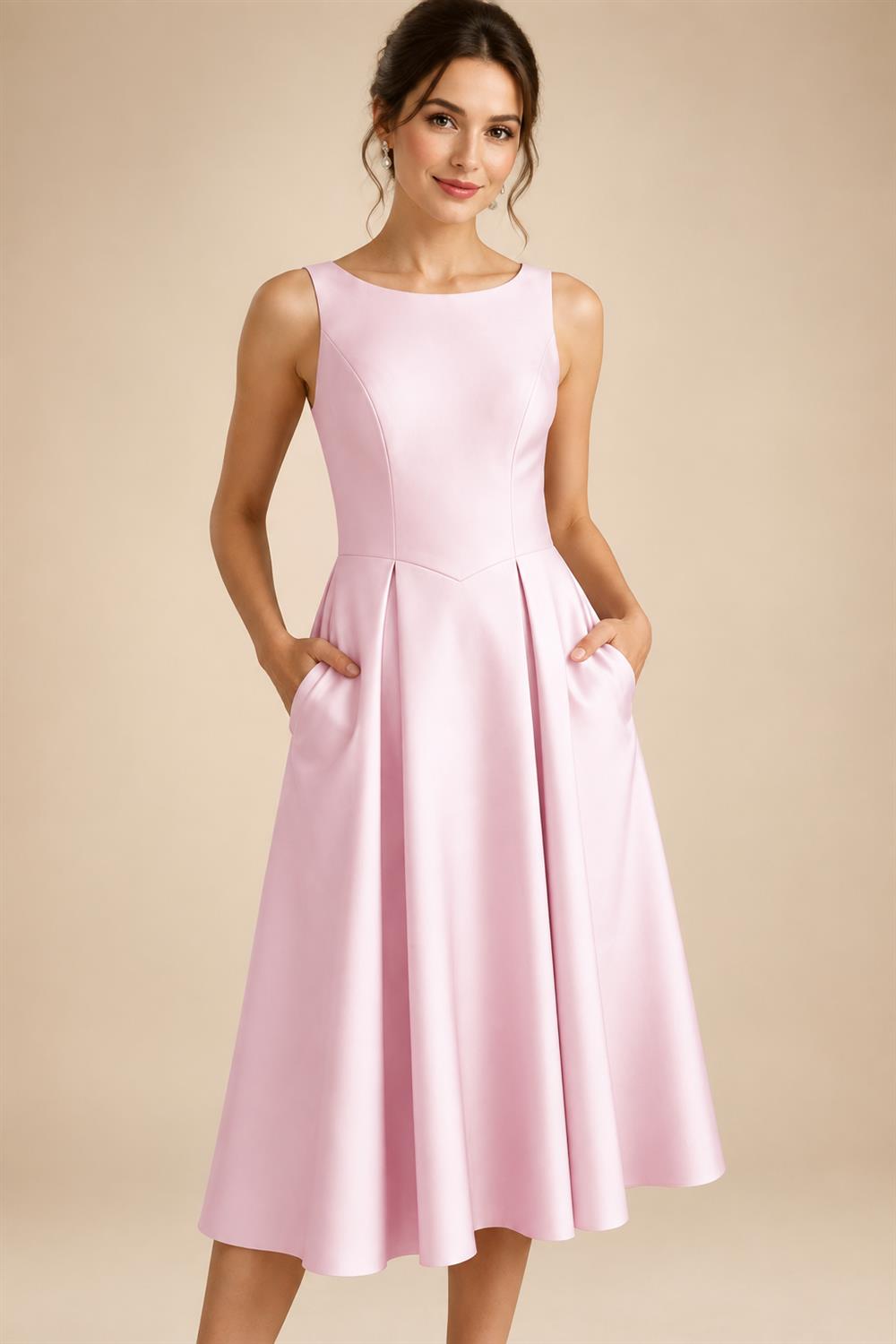A-Line/Princess Scoop Neck Satin Tea-Length Mother of the Bride Dresses with Pockets (SHI22500122)
