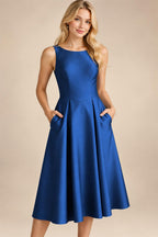 A-Line/Princess Scoop Neck Satin Tea-Length Mother of the Bride Dresses with Pockets (SHI22500122)