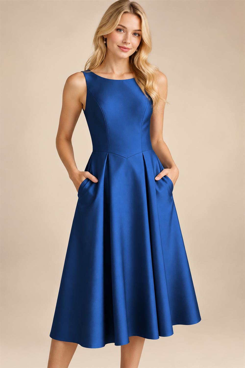 A-Line/Princess Scoop Neck Satin Tea-Length Mother of the Bride Dresses with Pockets (SHI22500122)