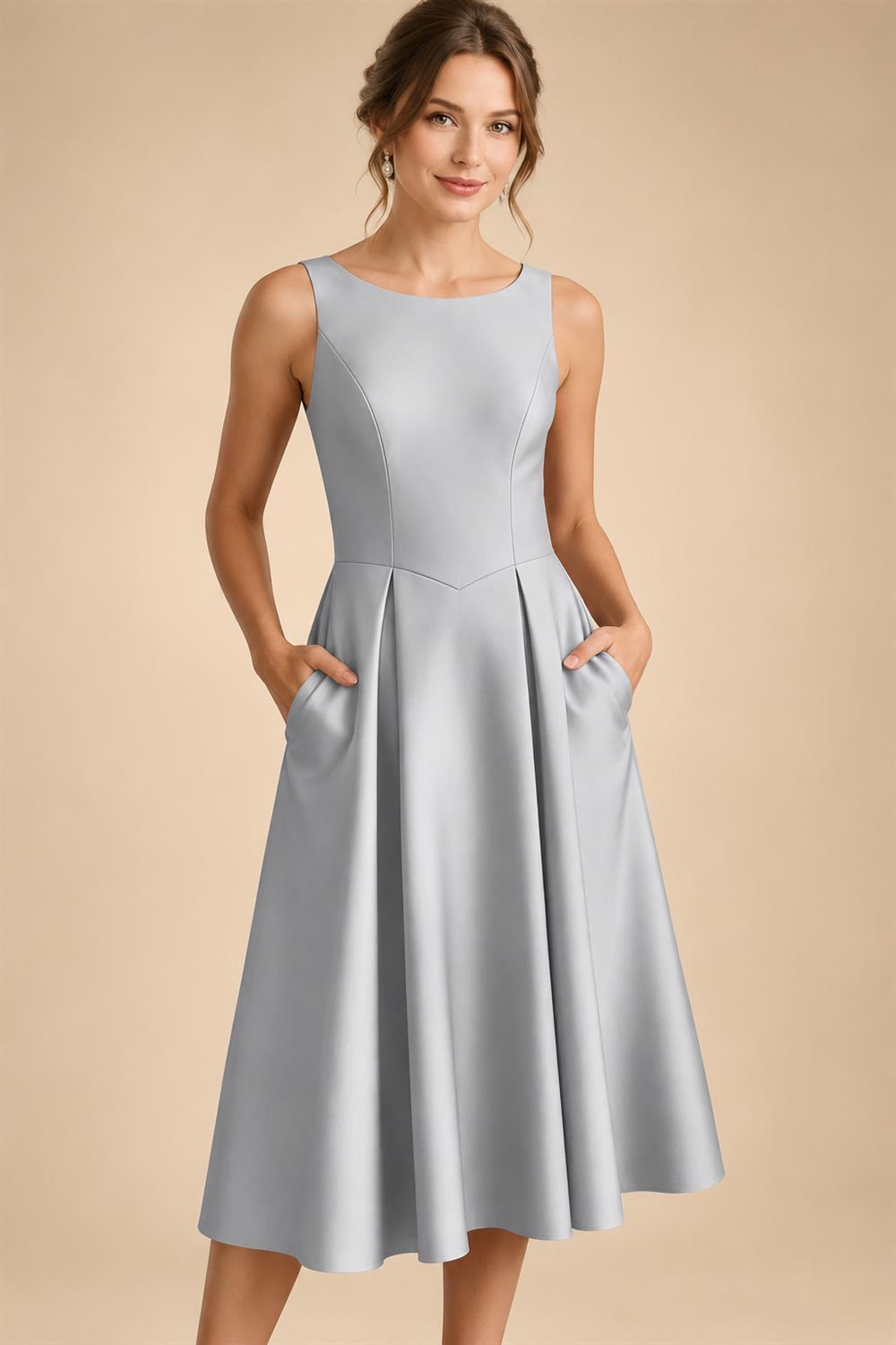 A-Line/Princess Scoop Neck Satin Tea-Length Mother of the Bride Dresses with Pockets (SHI22500122)