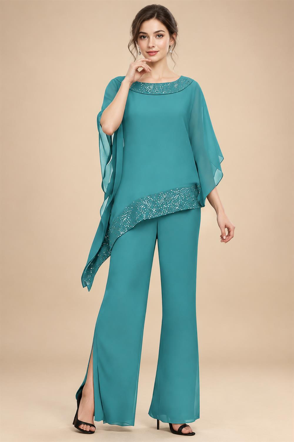 Pantsuits Separates Scoop Neck Sequins Asymmetrical Ankle-Length Mother of the Bride Dress with Slit (SHI22500132)