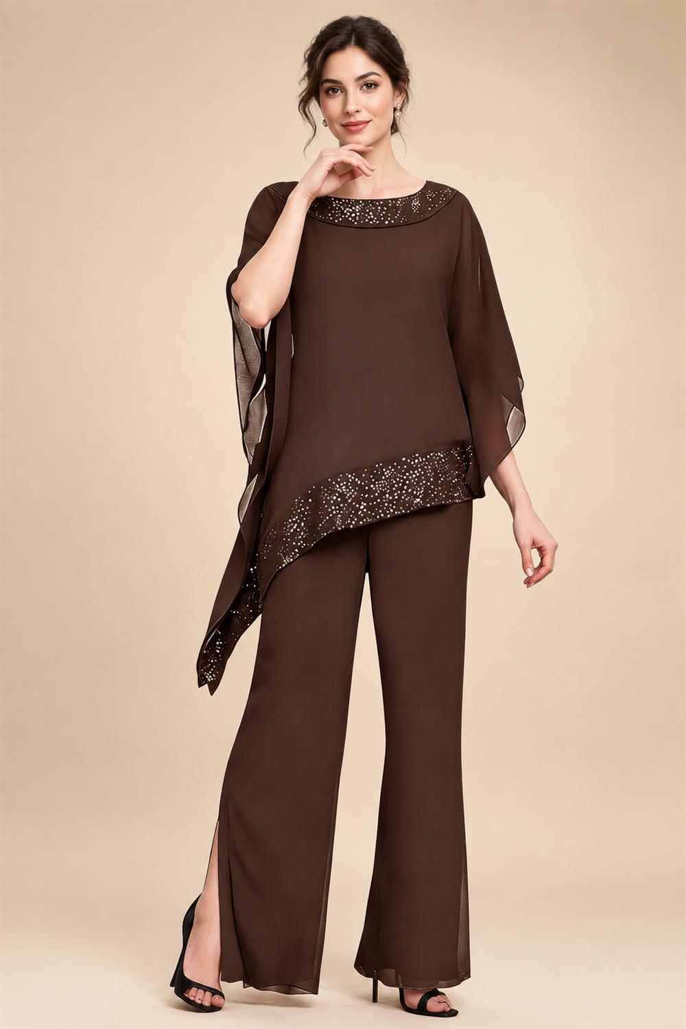 Pantsuits Separates Scoop Neck Sequins Asymmetrical Ankle-Length Mother of the Bride Dress with Slit (SHI22500132)