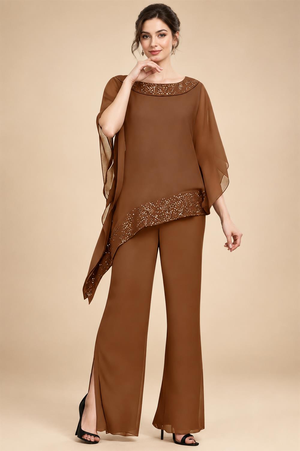 Pantsuits Separates Scoop Neck Sequins Asymmetrical Ankle-Length Mother of the Bride Dress with Slit (SHI22500132)