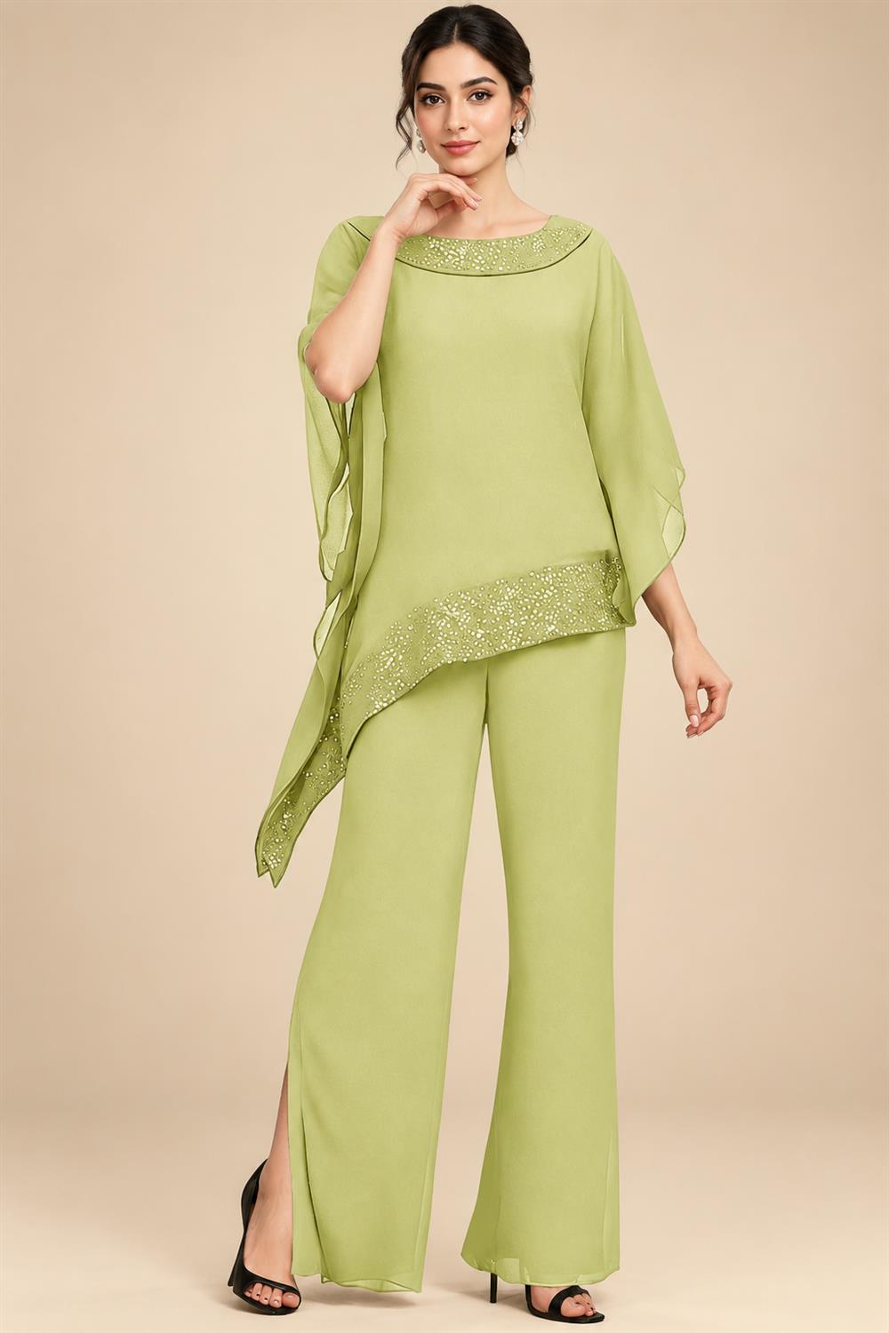 Pantsuits Separates Scoop Neck Sequins Asymmetrical Ankle-Length Mother of the Bride Dress with Slit (SHI22500132)