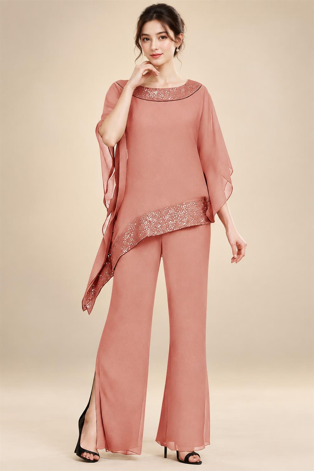 Pantsuits Separates Scoop Neck Sequins Asymmetrical Ankle-Length Mother of the Bride Dress with Slit (SHI22500132)