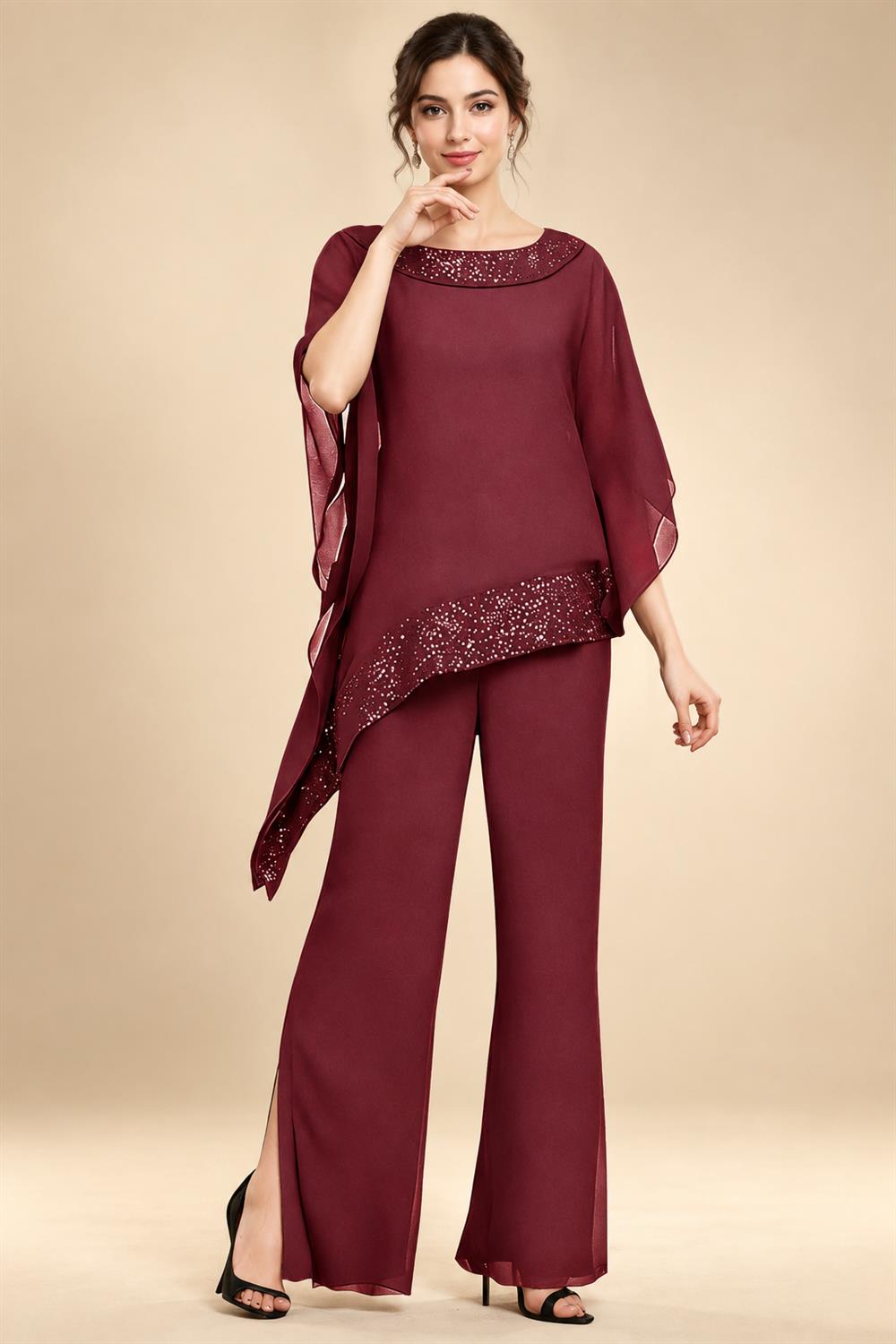 Pantsuits Separates Scoop Neck Sequins Asymmetrical Ankle-Length Mother of the Bride Dress with Slit (SHI22500132)