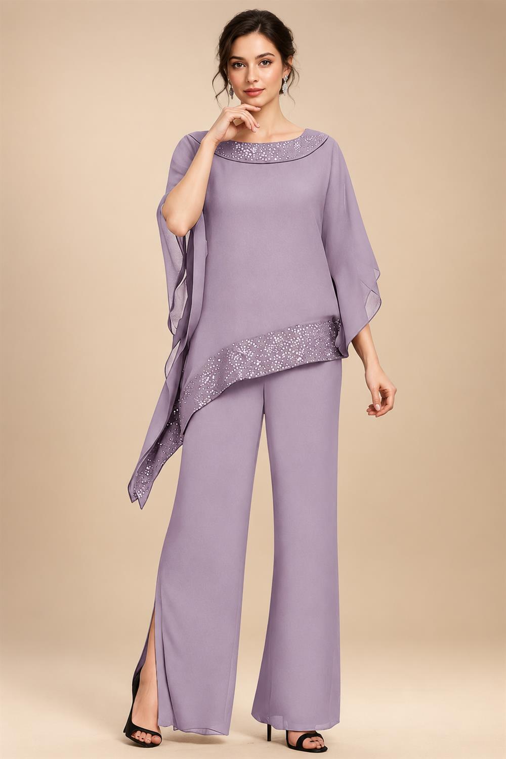 Pantsuits Separates Scoop Neck Sequins Asymmetrical Ankle-Length Mother of the Bride Dress with Slit (SHI22500132)
