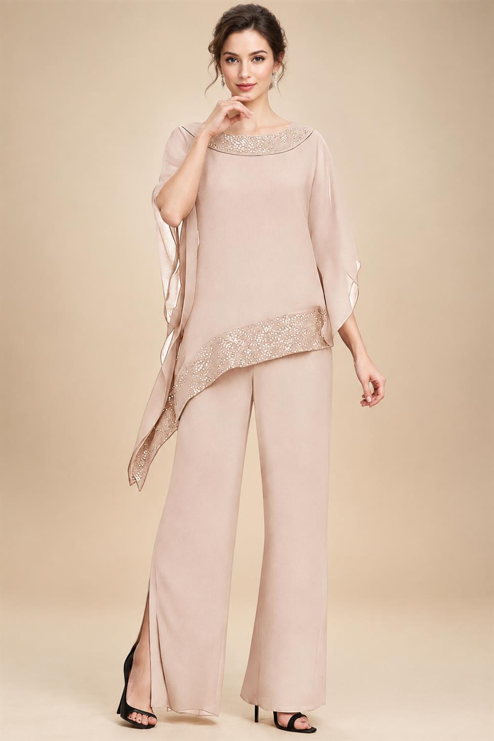 Pantsuits Separates Scoop Neck Sequins Asymmetrical Ankle-Length Mother of the Bride Dress with Slit (SHI22500132)