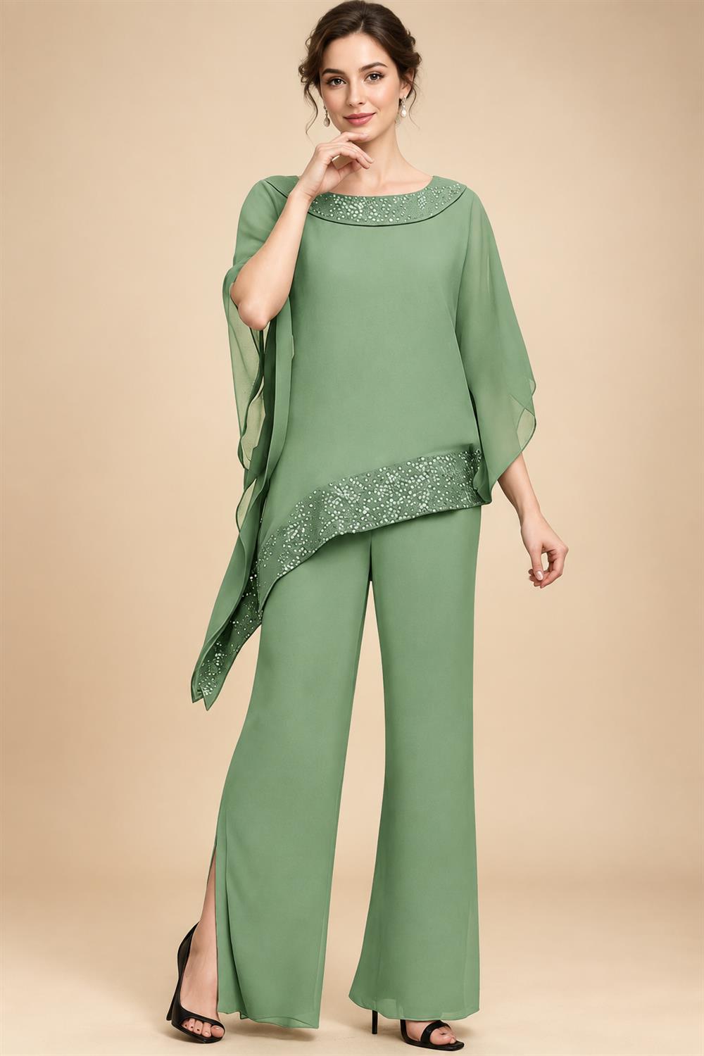 Pantsuits Separates Scoop Neck Sequins Asymmetrical Ankle-Length Mother of the Bride Dress with Slit (SHI22500132)