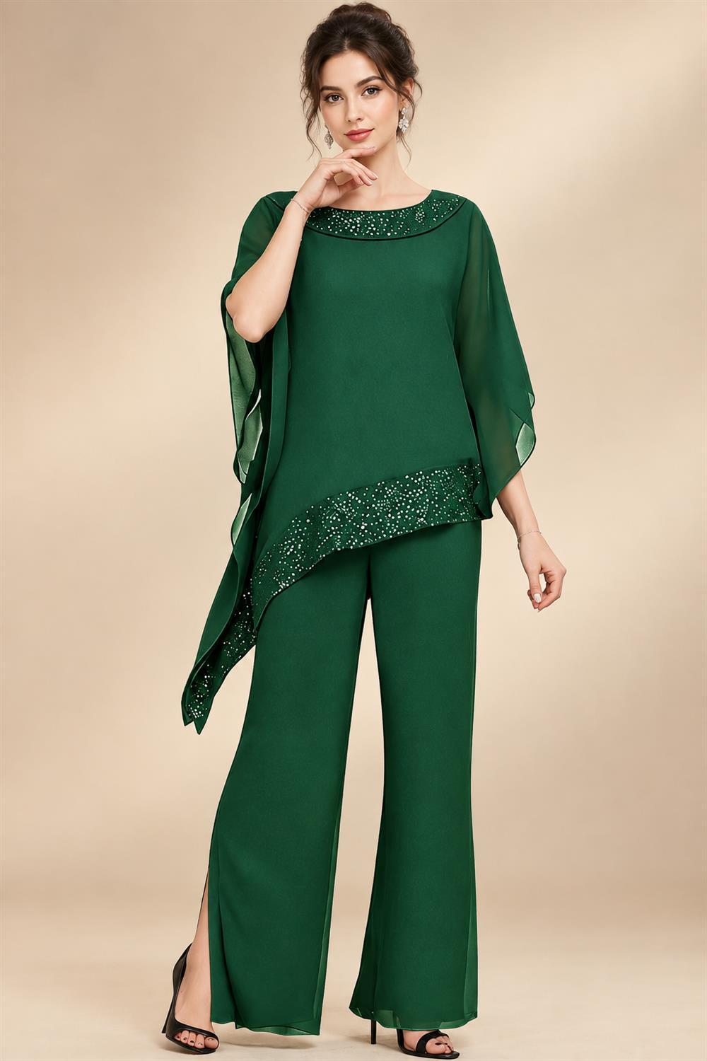 Pantsuits Separates Scoop Neck Sequins Asymmetrical Ankle-Length Mother of the Bride Dress with Slit (SHI22500132)