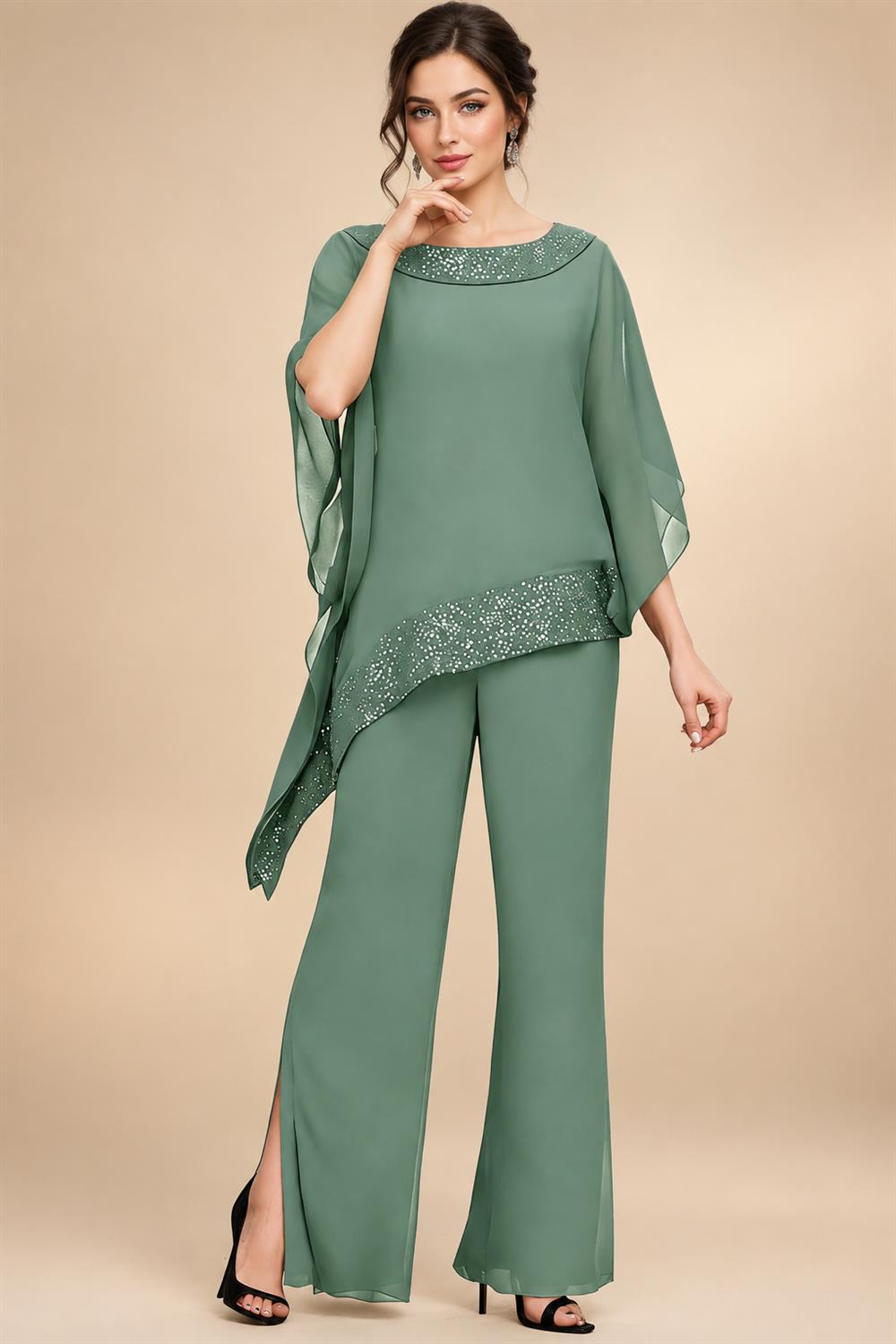 Pantsuits Separates Scoop Neck Sequins Asymmetrical Ankle-Length Mother of the Bride Dress with Slit (SHI22500132)