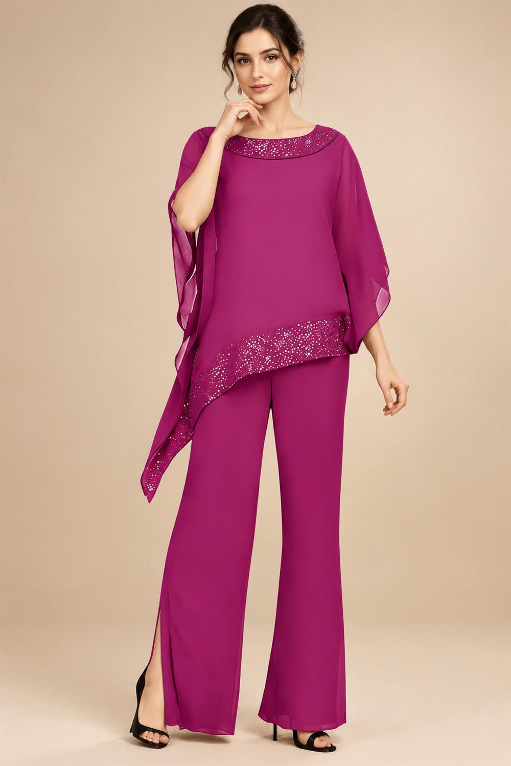 Pantsuits Separates Scoop Neck Sequins Asymmetrical Ankle-Length Mother of the Bride Dress with Slit (SHI22500132)