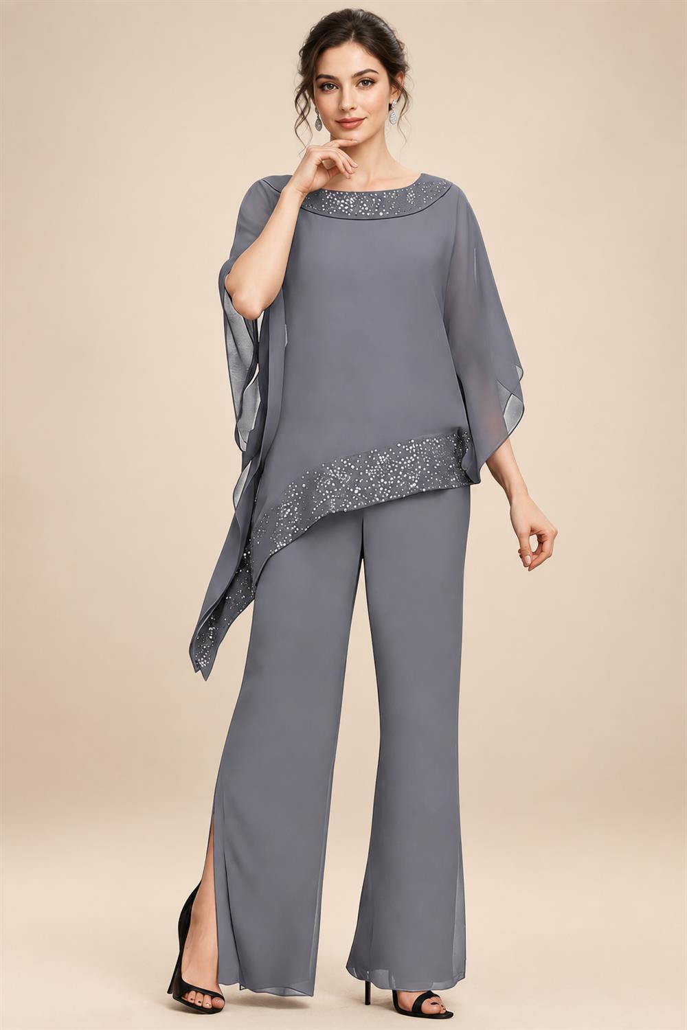 Pantsuits Separates Scoop Neck Sequins Asymmetrical Ankle-Length Mother of the Bride Dress with Slit (SHI22500132)