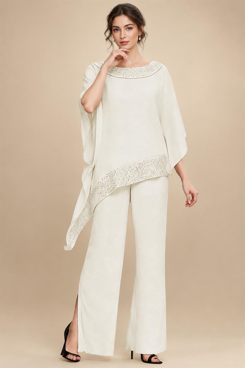 Pantsuits Separates Scoop Neck Sequins Asymmetrical Ankle-Length Mother of the Bride Dress with Slit (SHI22500132)