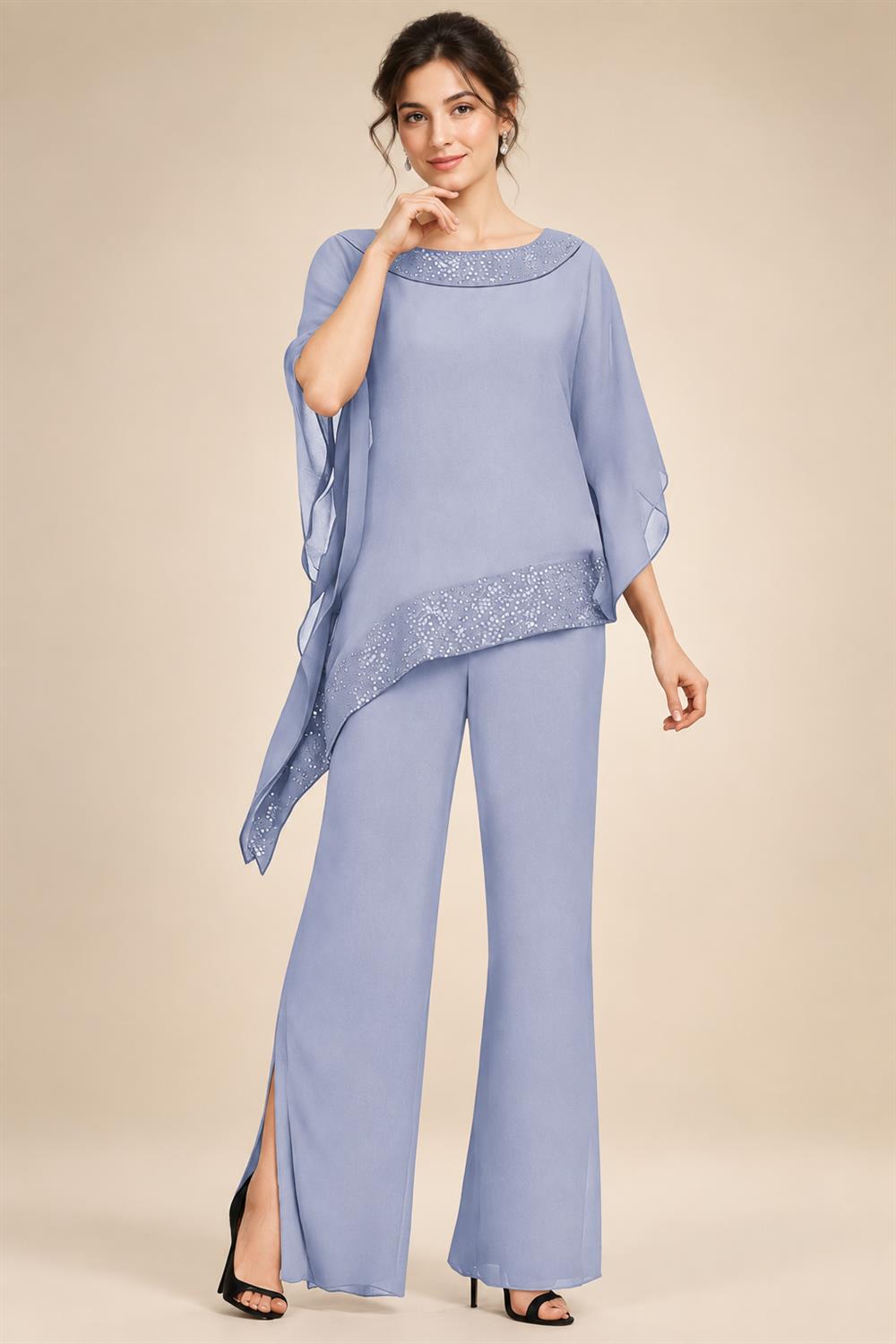 Pantsuits Separates Scoop Neck Sequins Asymmetrical Ankle-Length Mother of the Bride Dress with Slit (SHI22500132)