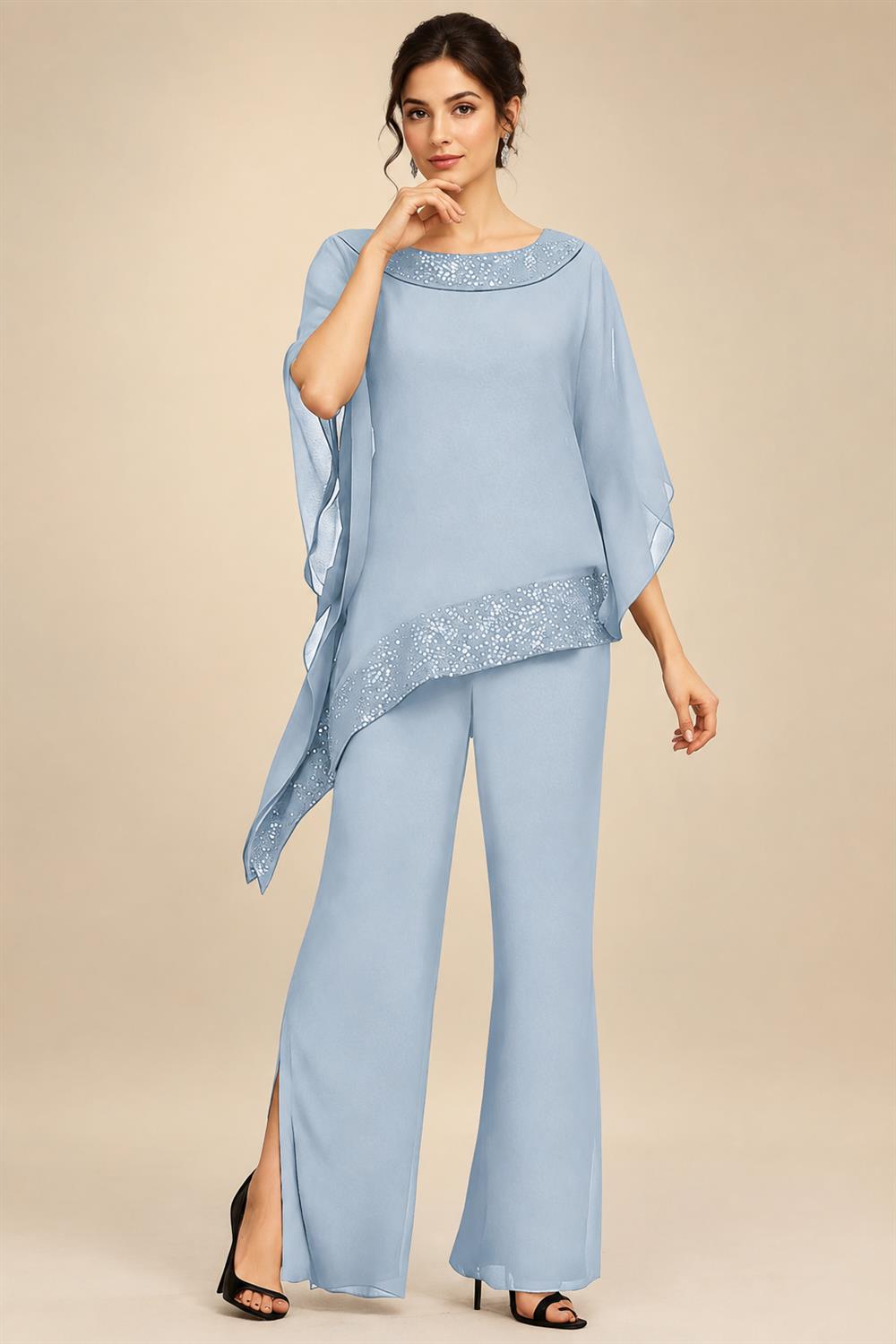 Pantsuits Separates Scoop Neck Sequins Asymmetrical Ankle-Length Mother of the Bride Dress with Slit (SHI22500132)