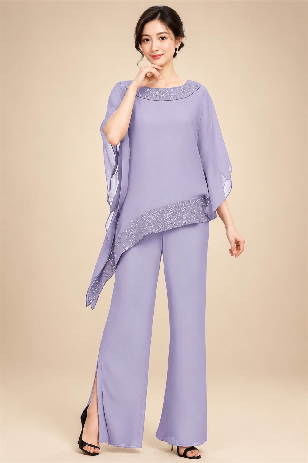 Pantsuits Separates Scoop Neck Sequins Asymmetrical Ankle-Length Mother of the Bride Dress with Slit (SHI22500132)