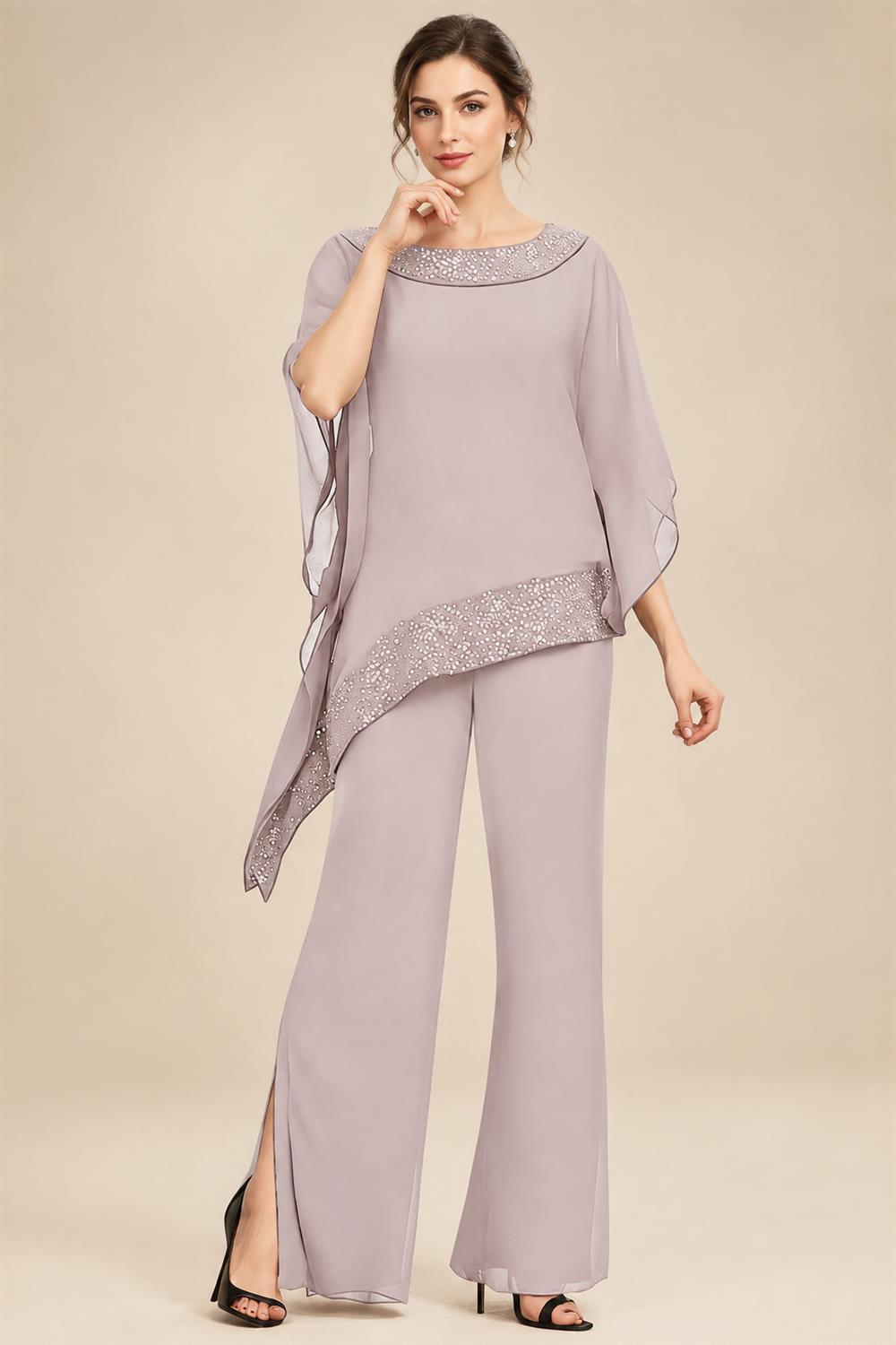 Pantsuits Separates Scoop Neck Sequins Asymmetrical Ankle-Length Mother of the Bride Dress with Slit (SHI22500132)
