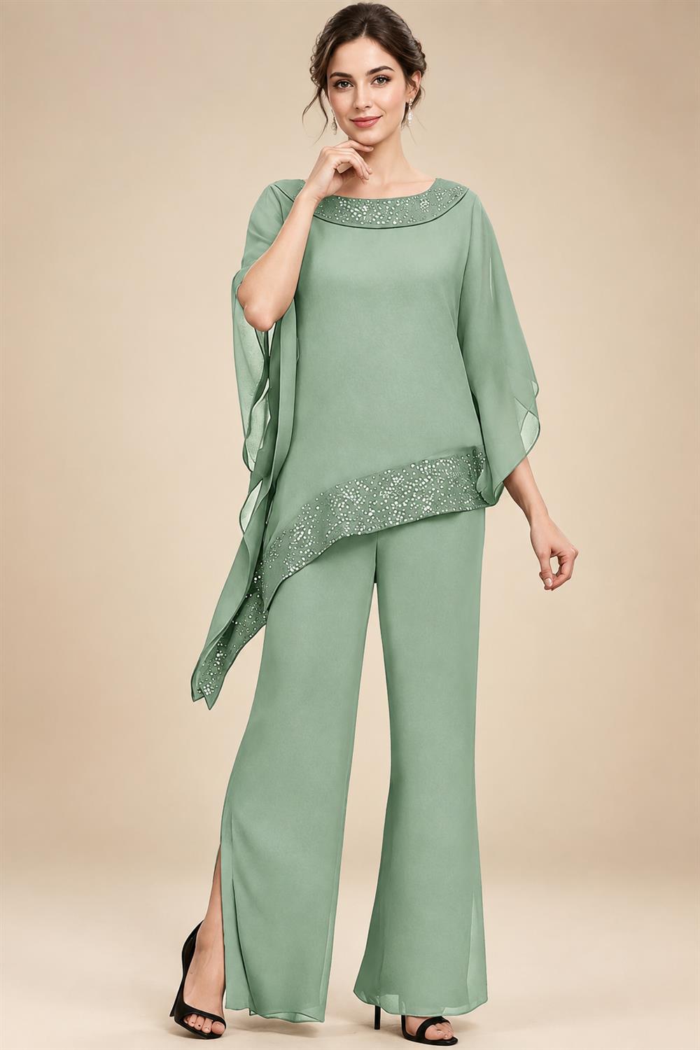 Pantsuits Separates Scoop Neck Sequins Asymmetrical Ankle-Length Mother of the Bride Dress with Slit (SHI22500132)