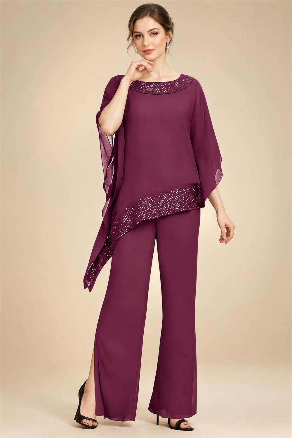 Pantsuits Separates Scoop Neck Sequins Asymmetrical Ankle-Length Mother of the Bride Dress with Slit (SHI22500132)