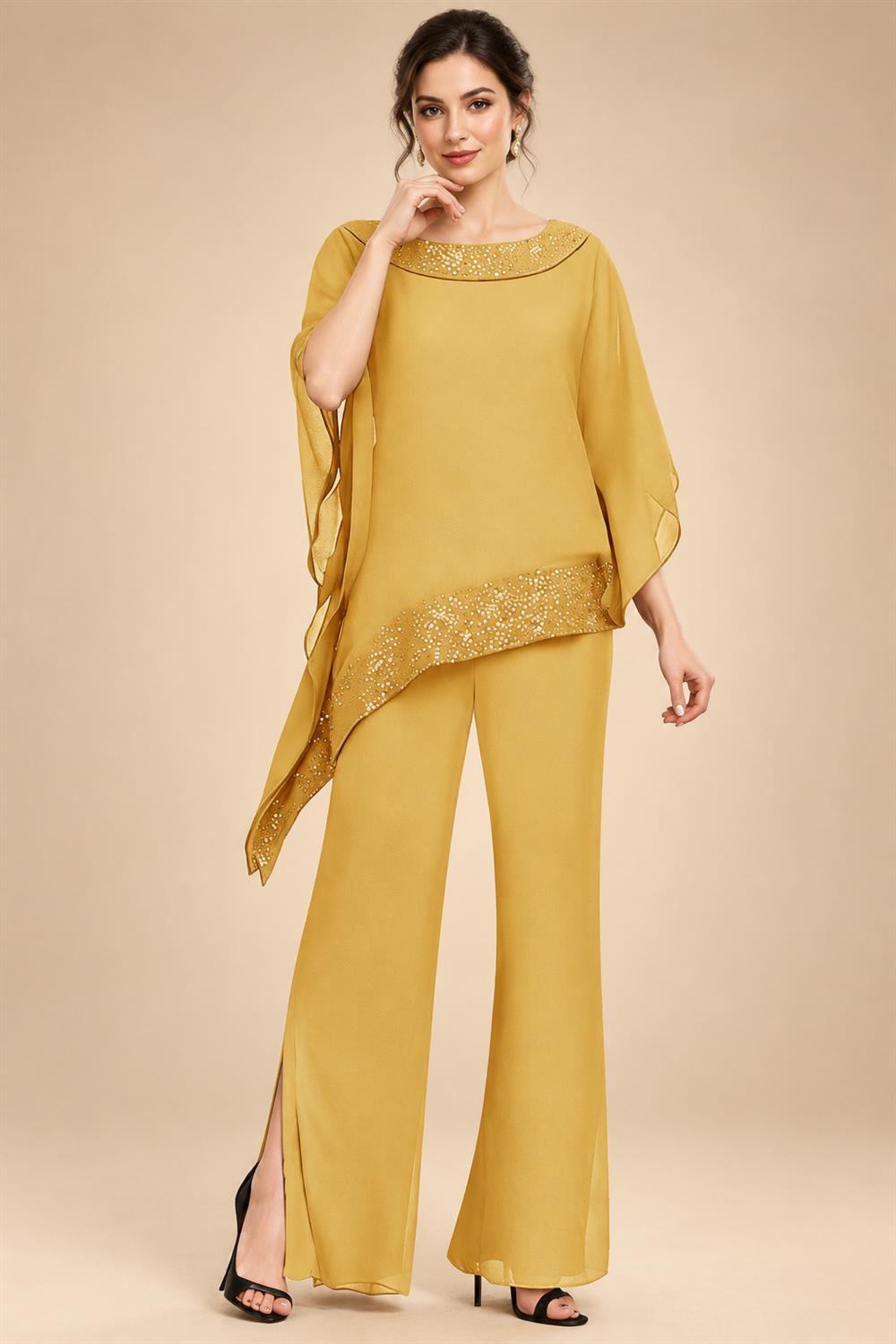 Pantsuits Separates Scoop Neck Sequins Asymmetrical Ankle-Length Mother of the Bride Dress with Slit (SHI22500132)