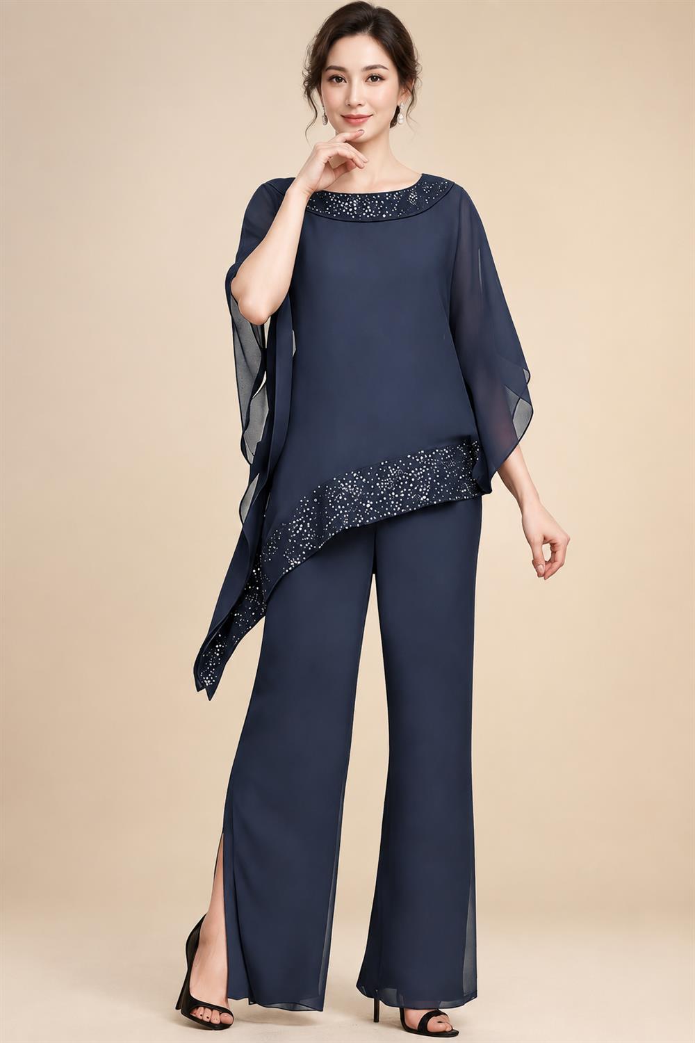 Pantsuits Separates Scoop Neck Sequins Asymmetrical Ankle-Length Mother of the Bride Dress with Slit (SHI22500132)