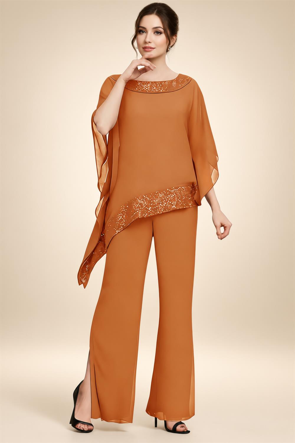 Pantsuits Separates Scoop Neck Sequins Asymmetrical Ankle-Length Mother of the Bride Dress with Slit (SHI22500132)