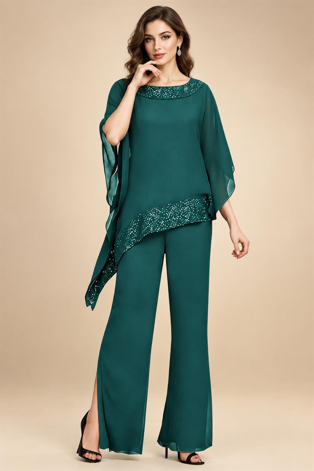 Pantsuits Separates Scoop Neck Sequins Asymmetrical Ankle-Length Mother of the Bride Dress with Slit (SHI22500132)