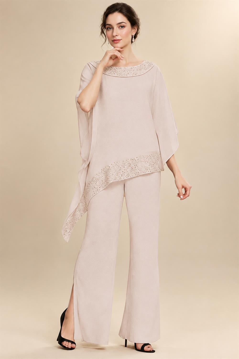 Pantsuits Separates Scoop Neck Sequins Asymmetrical Ankle-Length Mother of the Bride Dress with Slit (SHI22500132)