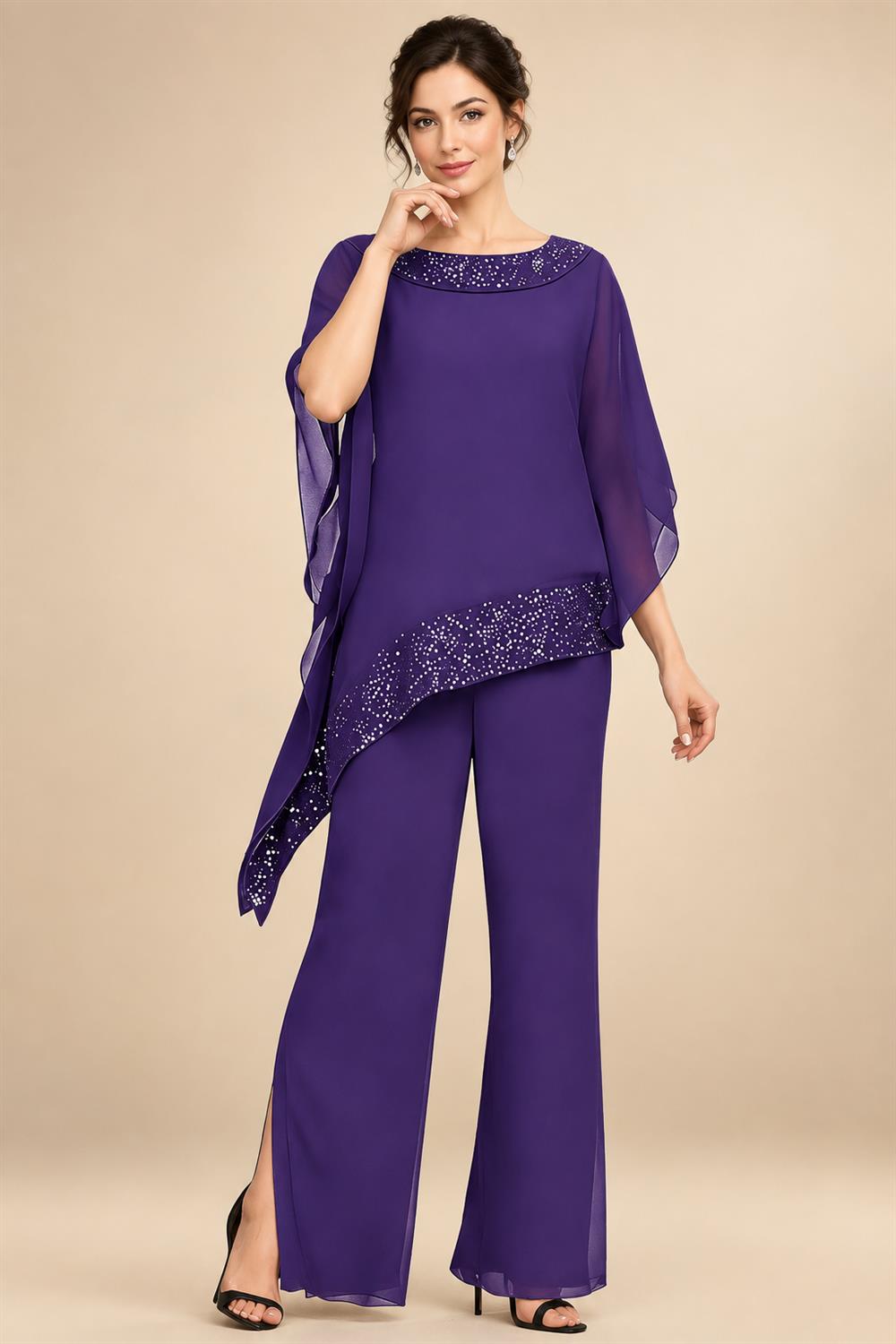 Pantsuits Separates Scoop Neck Sequins Asymmetrical Ankle-Length Mother of the Bride Dress with Slit (SHI22500132)