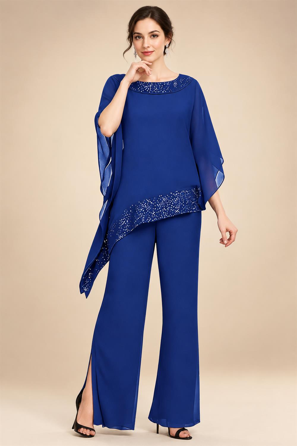 Pantsuits Separates Scoop Neck Sequins Asymmetrical Ankle-Length Mother of the Bride Dress with Slit (SHI22500132)