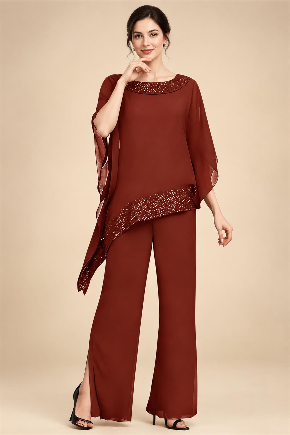 Pantsuits Separates Scoop Neck Sequins Asymmetrical Ankle-Length Mother of the Bride Dress with Slit (SHI22500132)