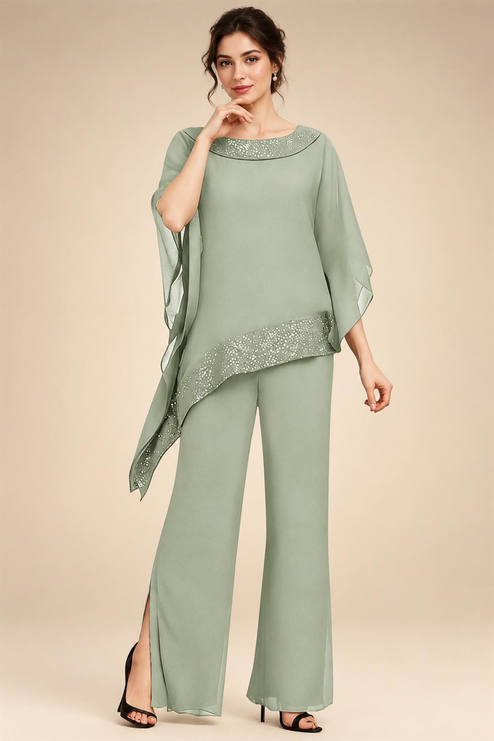 Pantsuits Separates Scoop Neck Sequins Asymmetrical Ankle-Length Mother of the Bride Dress with Slit (SHI22500132)