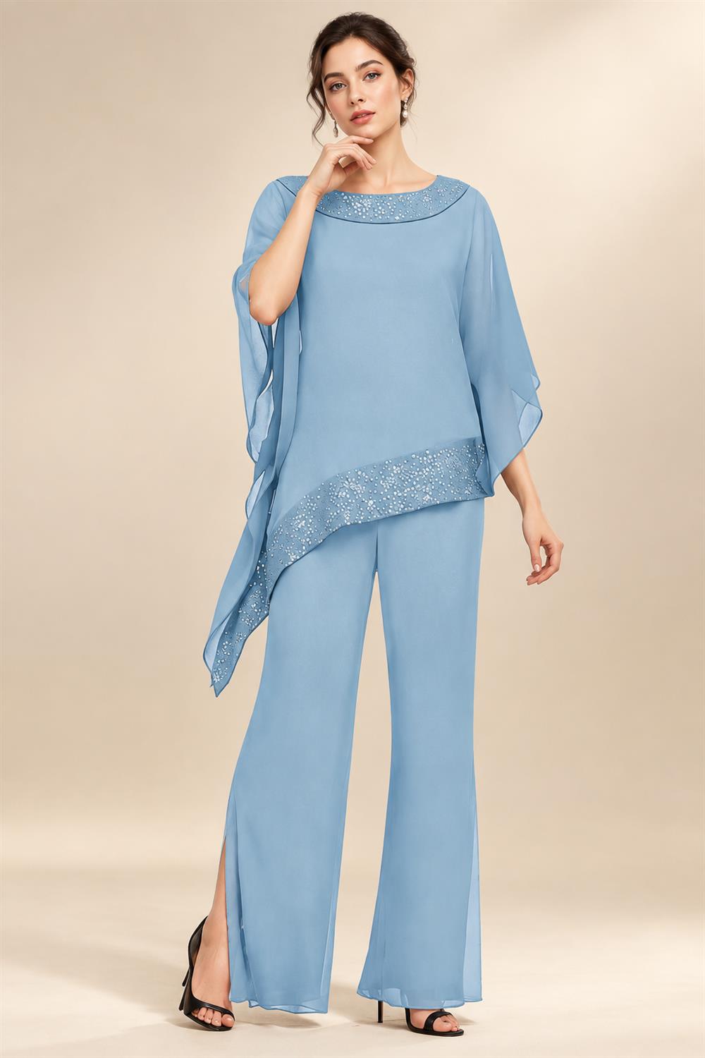 Pantsuits Separates Scoop Neck Sequins Asymmetrical Ankle-Length Mother of the Bride Dress with Slit (SHI22500132)