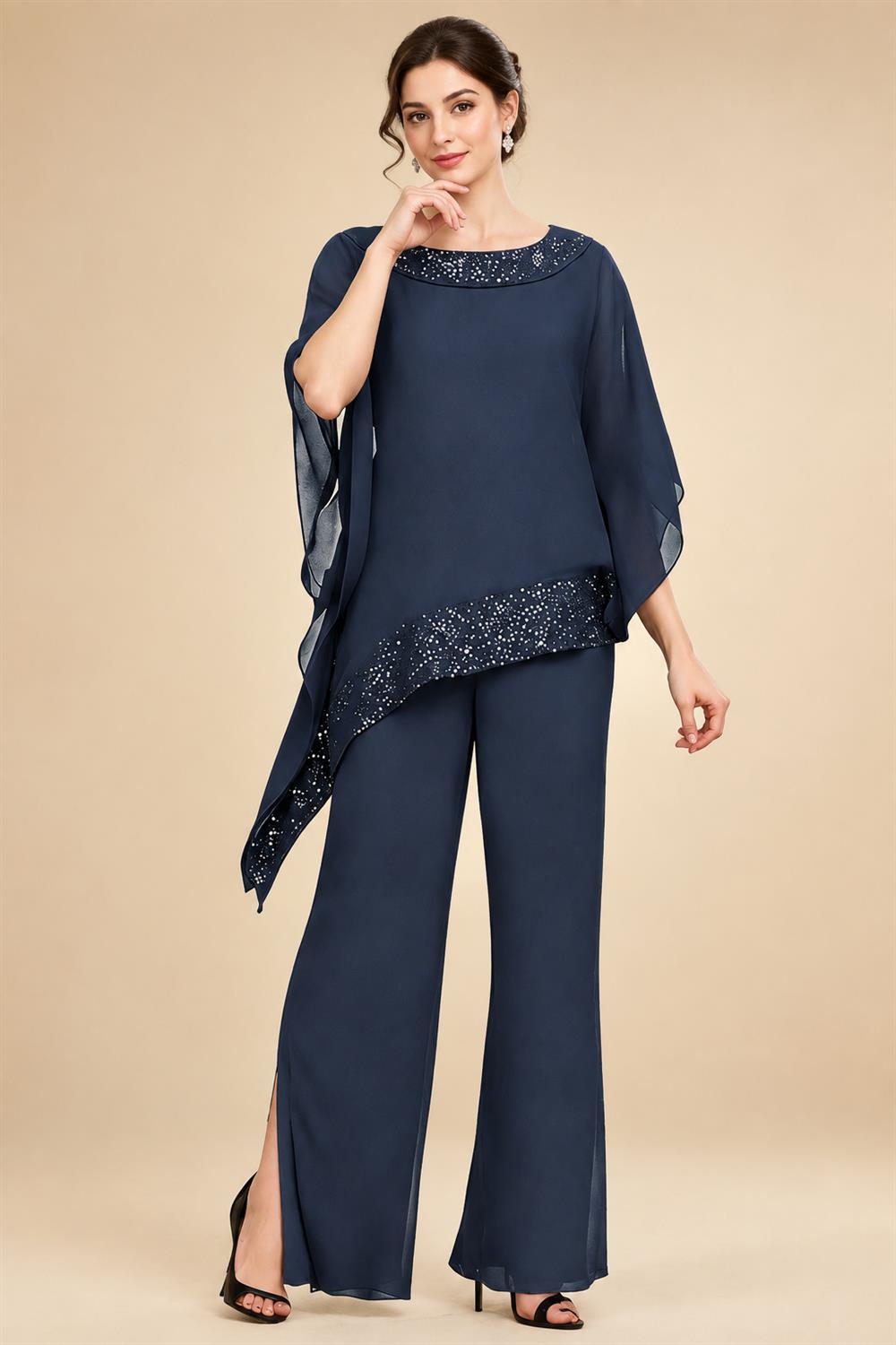 Pantsuits Separates Scoop Neck Sequins Asymmetrical Ankle-Length Mother of the Bride Dress with Slit (SHI22500132)