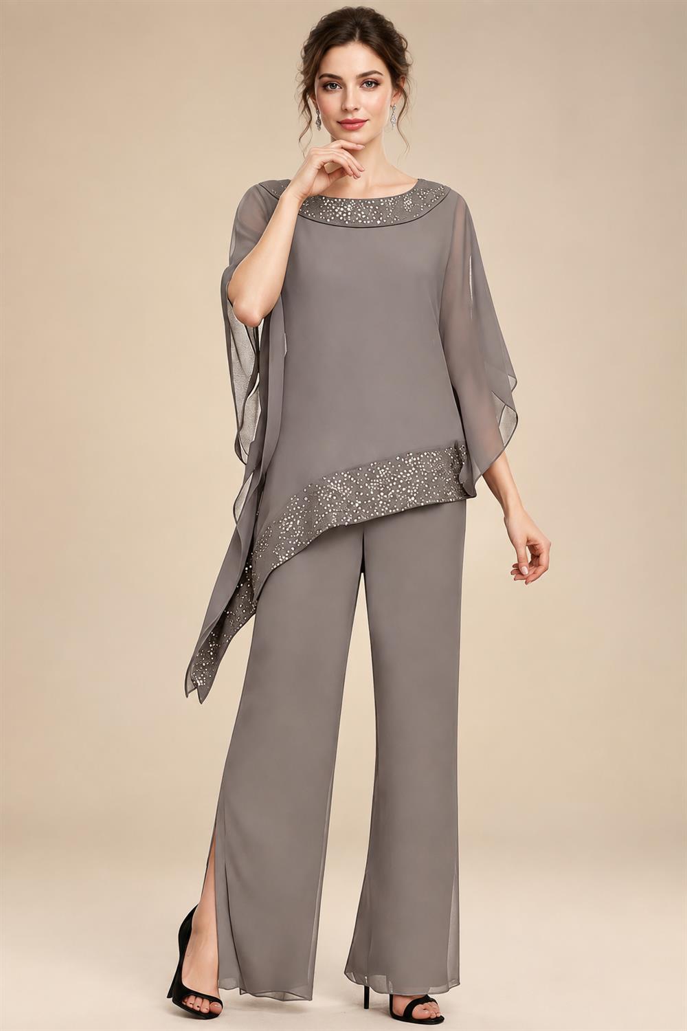 Pantsuits Separates Scoop Neck Sequins Asymmetrical Ankle-Length Mother of the Bride Dress with Slit (SHI22500132)