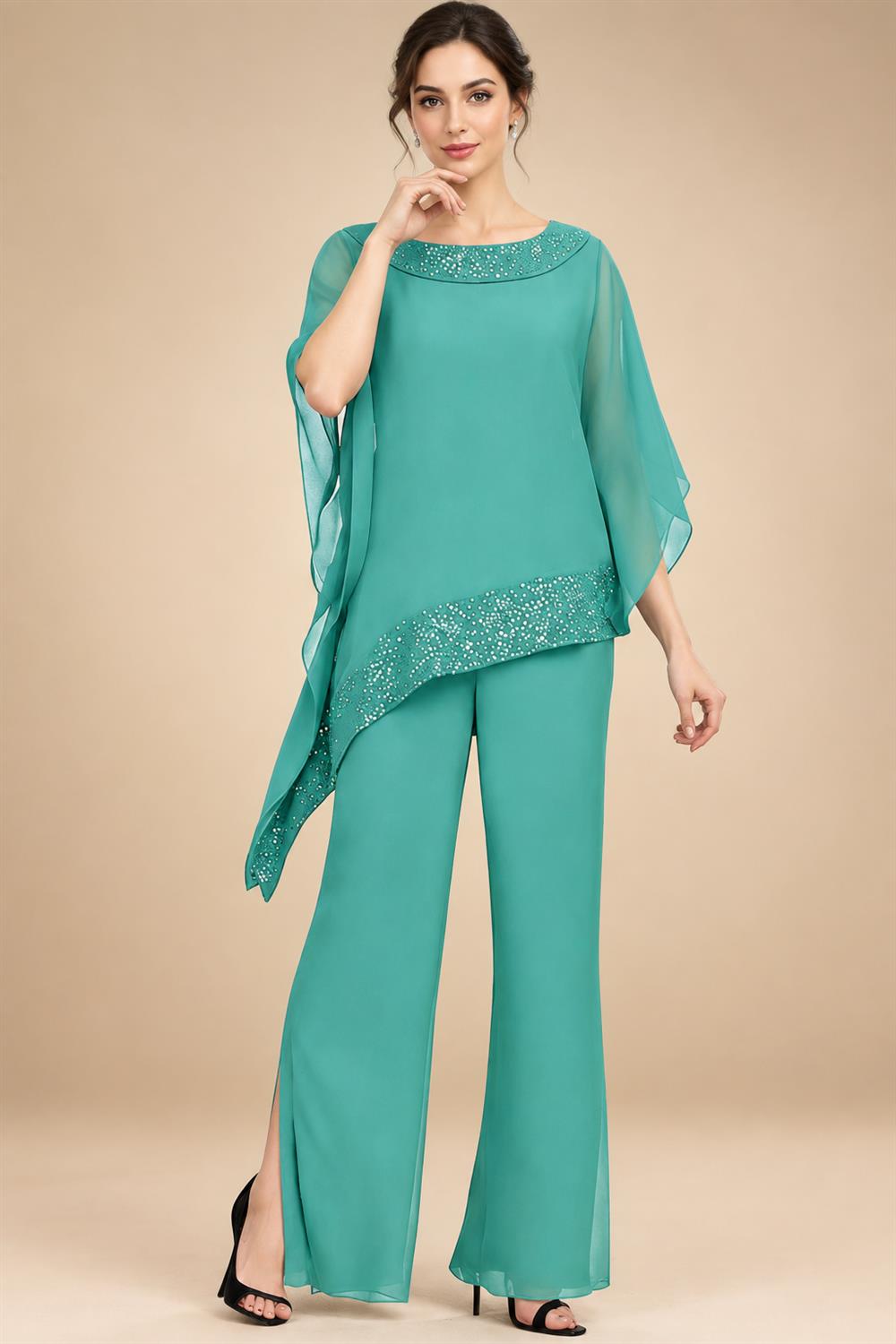 Pantsuits Separates Scoop Neck Sequins Asymmetrical Ankle-Length Mother of the Bride Dress with Slit (SHI22500132)