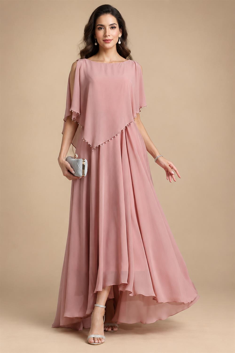 A-Line Floor-Length Chiffon Cape Sleeves Mother of the Bride & Groom Dresses with Tiered Ruffles (SHI22500723)