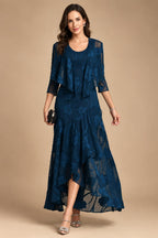 A-Line/Princess Scoop Illusion Lace Appliques Tea-Length Mother of the Bride Dresses with Pleated Ruffle (SHI22500105)