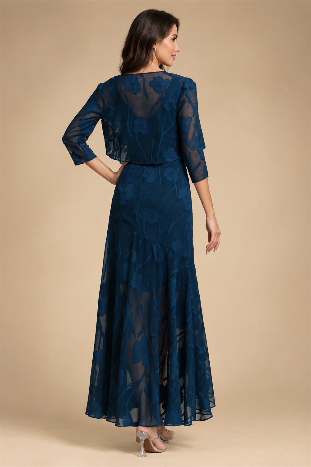 A-Line/Princess Scoop Illusion Lace Appliques Tea-Length Mother of the Bride Dresses with Pleated Ruffle (SHI22500105)