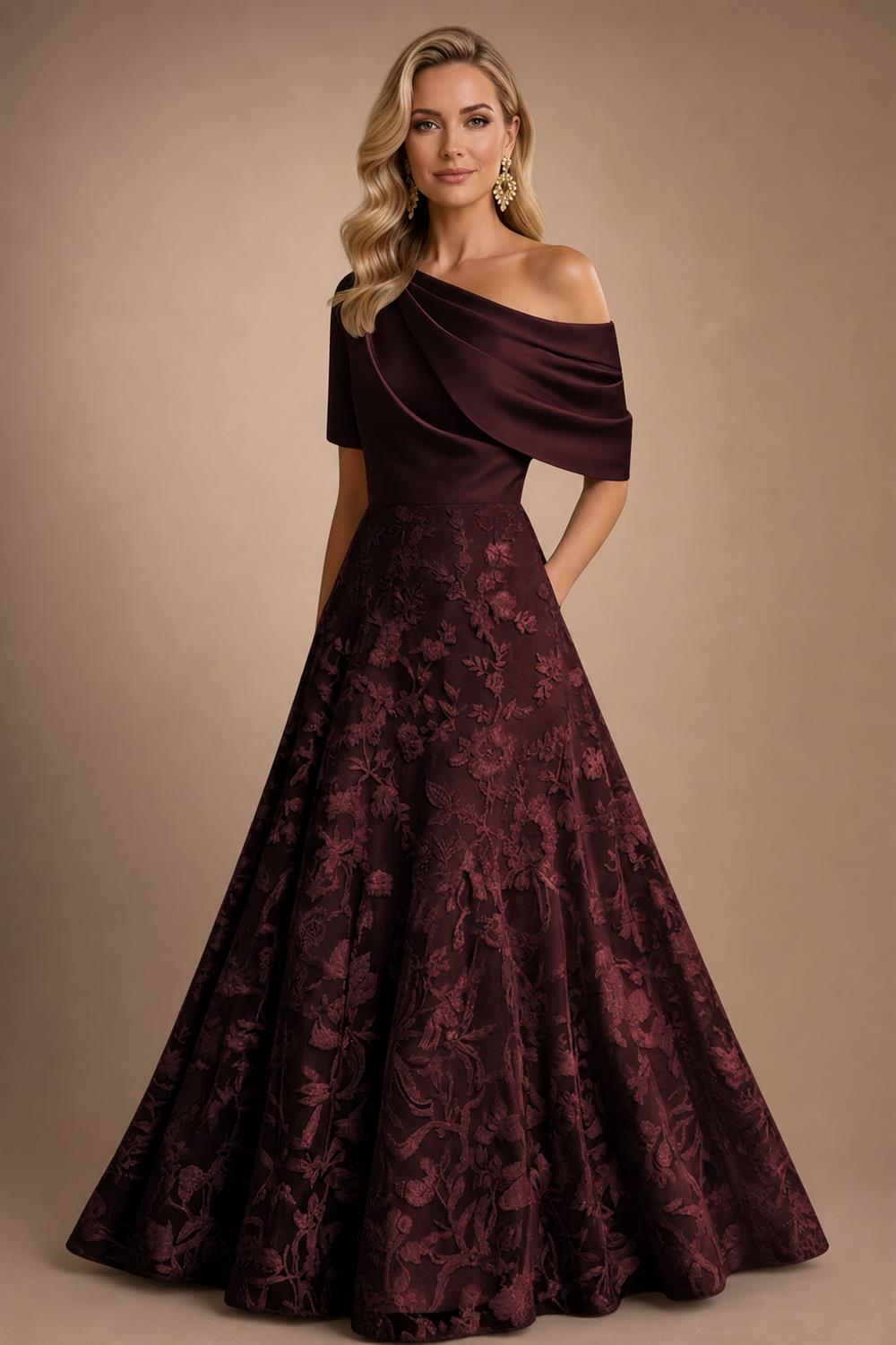 A-Line Floor Length One Shoulder Long Mother of the Bride Dresses with Lace (SHI22500179)