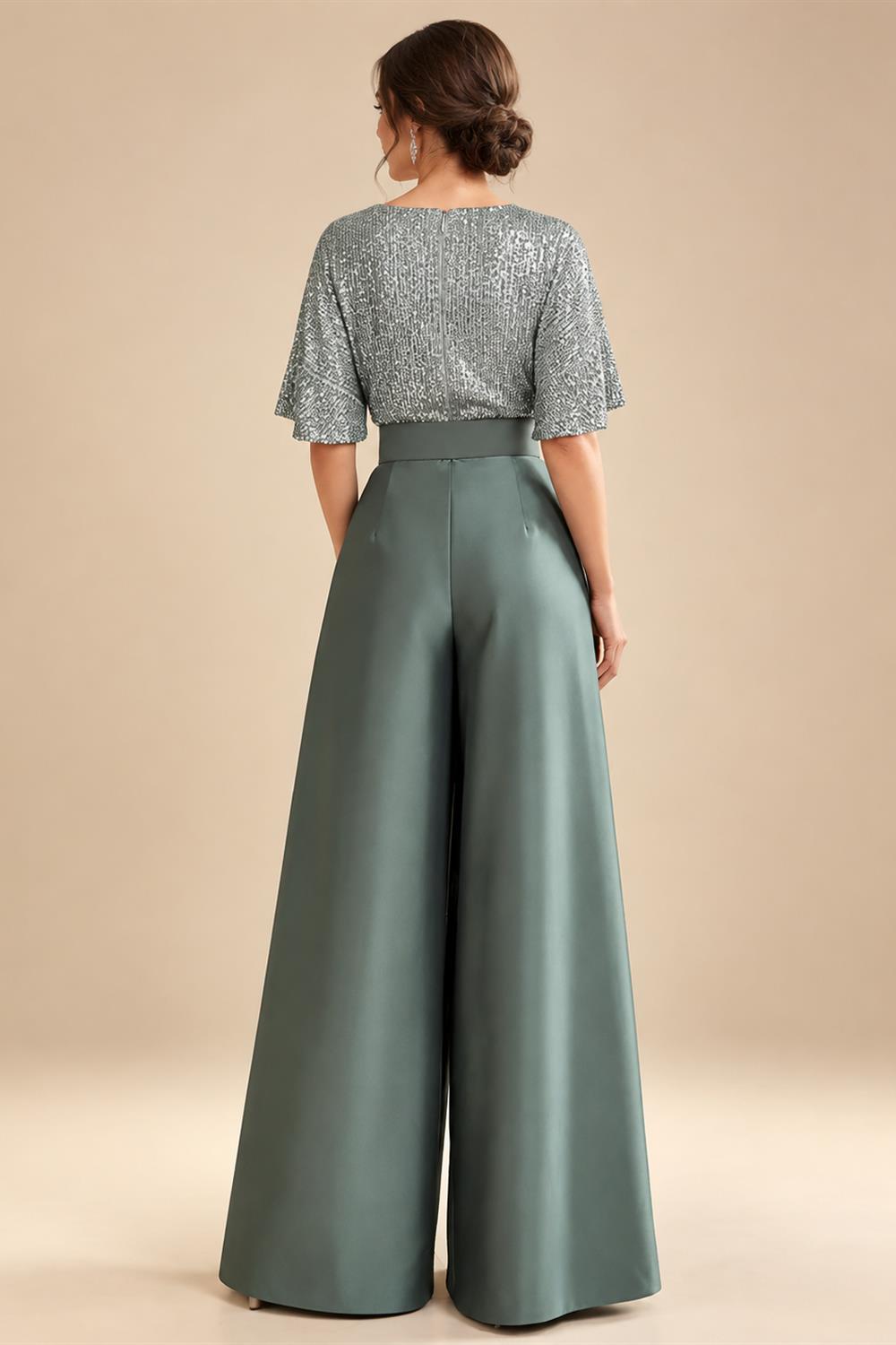Jumpsuit V Neck Half Sleeve Long Sparkling Mother of the Bride Dresses with Belt (SHI22500201)