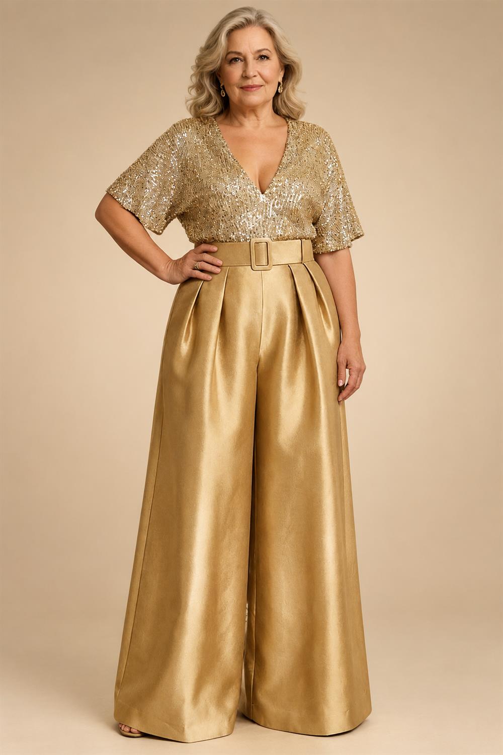 Jumpsuit V Neck Half Sleeve Long Sparkling Mother of the Bride Dresses with Belt (SHI22500201)