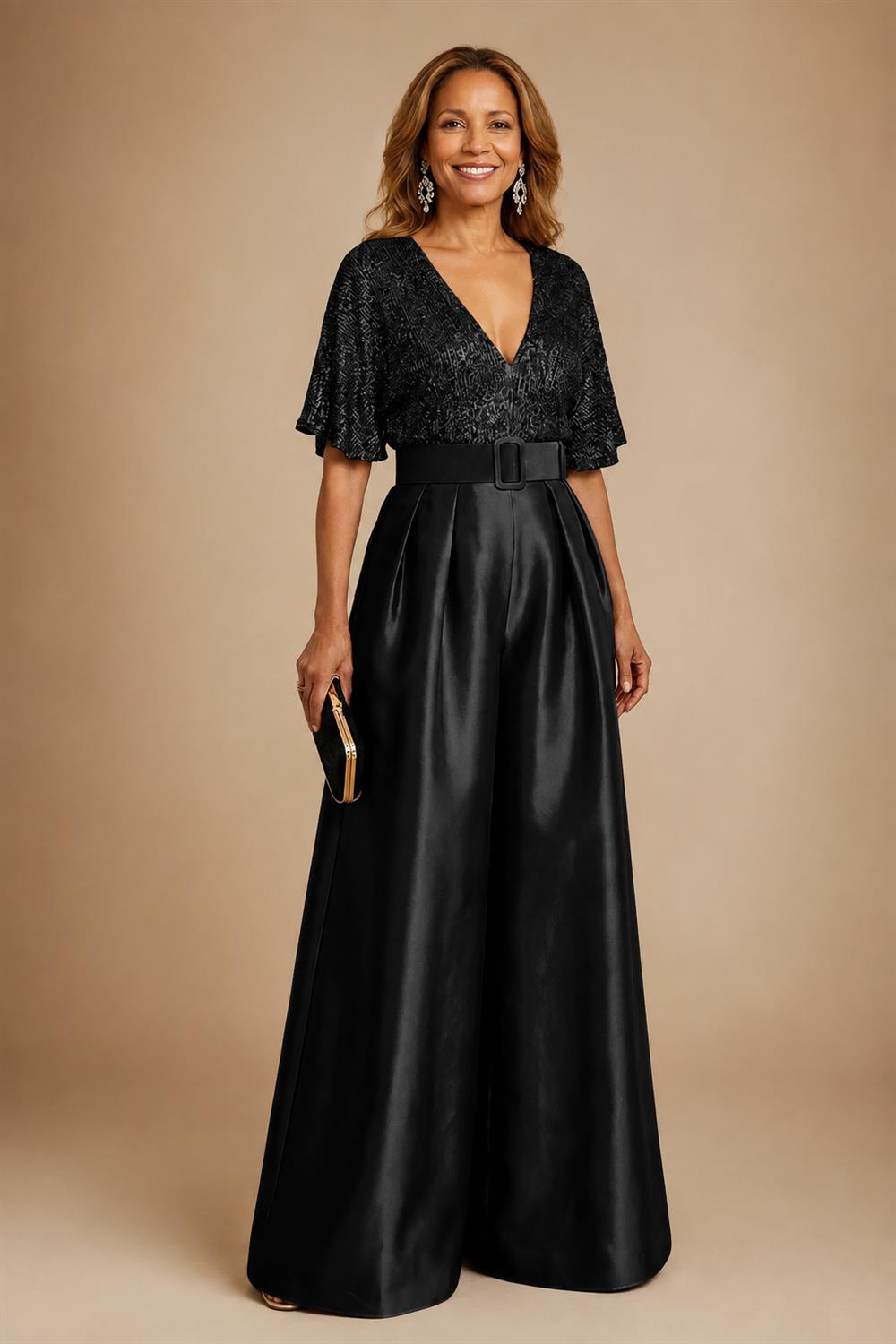 Jumpsuit V Neck Half Sleeve Long Sparkling Mother of the Bride Dresses with Belt (SHI22500201)